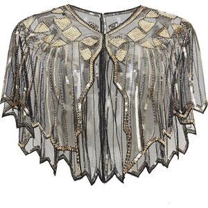 🆕 Women Gold Sequin Beaded Evening Cape Zig Zag Themed Party Dress Shawl Wraps
